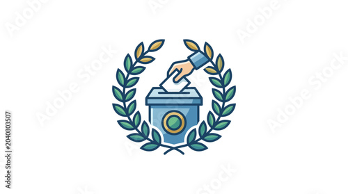 Fotografie Hand Placing Vote in Ballot Box Inside Laurel Wreath Emblem - Election Concept