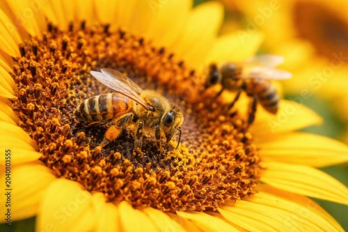 Abejas melíferas recolectando polen de brillantes flores de girasol