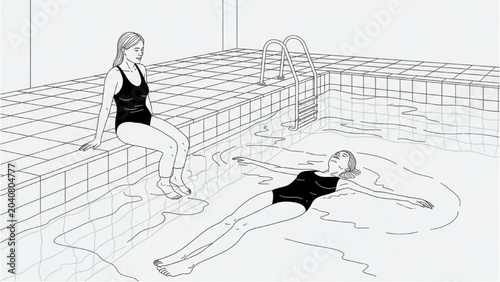 Картината върху платно Two Women Relaxing by a 2D CAD Vector Swimming Pool Illustration