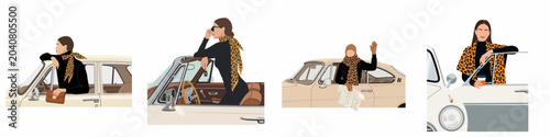 Фотография Minimalist flat illustration set of a fashionable woman with leopard print scarf posing with vintage cars for a stylish road trip travel concept
