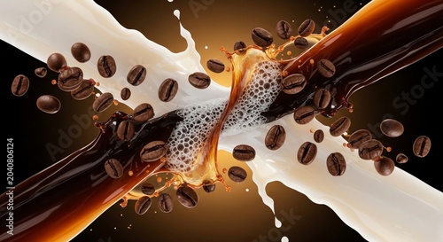 Coffee and Milk Splashing Together with Coffee Beans