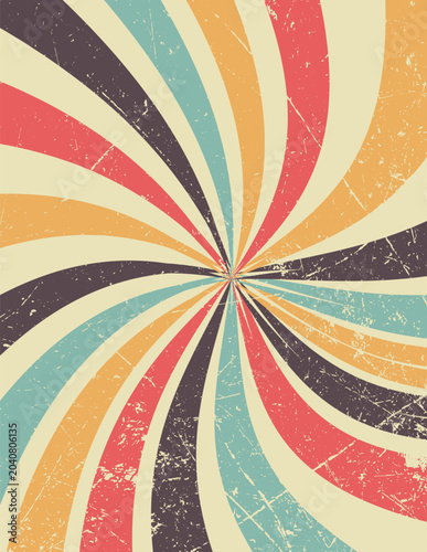 Groovy retro vintage sun rays warm colors background with scratches and dust noise. Psychedelic textured sunburst Design. Radial carnival stripes 70s pop Funky Hippie Backdrop, banner, poster, cover