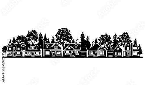Tableau sur toile Black suburban street silhouette with diverse houses and leafy tree skyline vect