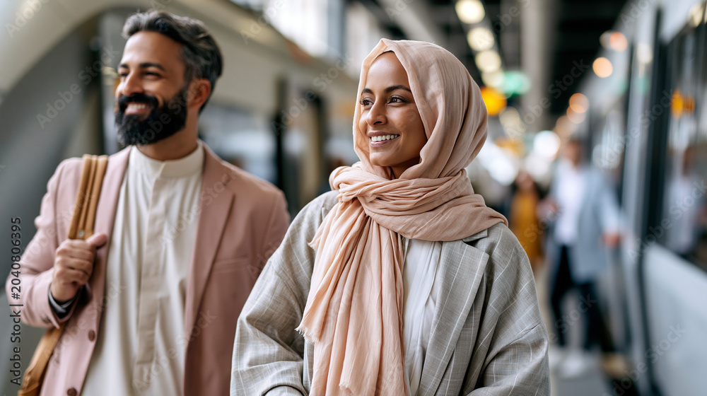 Fototapeta premium A pair of Middle Eastern professionals in soft traditional attire boards softly a bright modern train at a calm station in natural daylight train boarding open faces modern