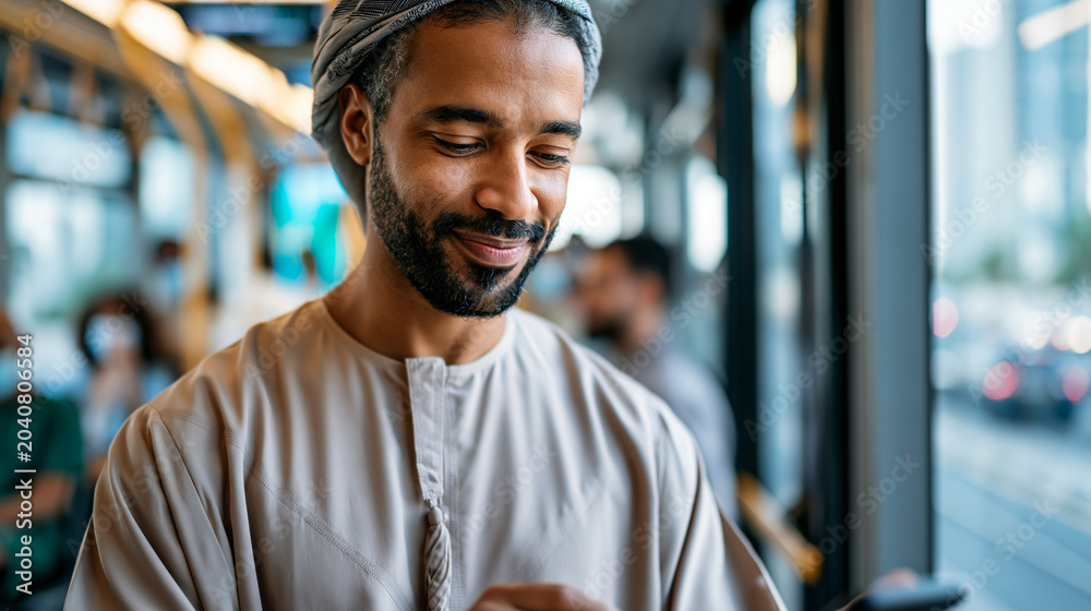 Fototapeta premium A Middle Eastern young man in a soft thobe takes softly a bright modern smart bus checking the calm onboard display in natural daylight smart bus open face modern transit