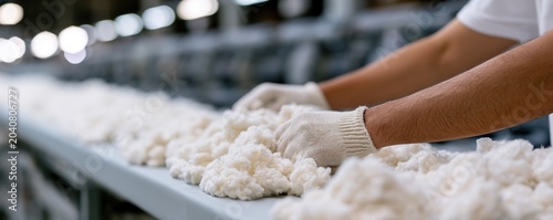 Factory worker sorting raw cotton on processing conveyor