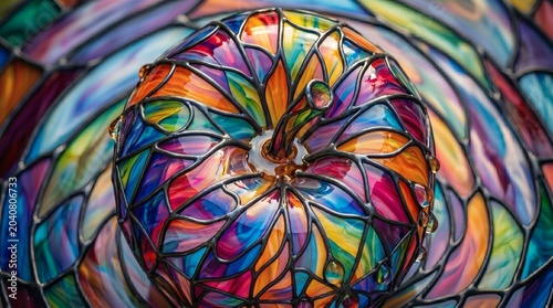 A stunning top-down macro view of an artistic glass apple ornament featuring vibrant swirling colors encased in black filigree with realistic water droplets.