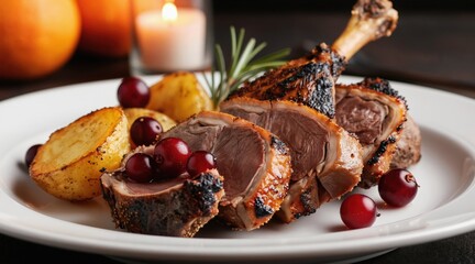 Close up of sliced duck breast with roasted potatoes and berries on white plate. Sprig of rosemary garnishes this rich meal. Served with cranberries and potatoes, this dish offers delicious cuisine.