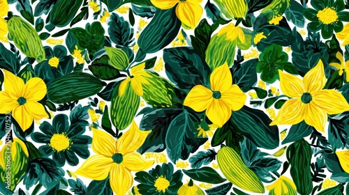 Vibrant yellow blossoms and deep green foliage create a dynamic floral repeating pattern against a white background.