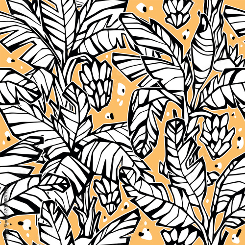 Seamless vector pattern with banana trees with black outline on light yellow background.