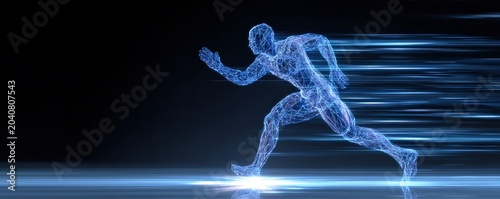 Glowing blue wireframe runner with motion trails and dynamic streaks