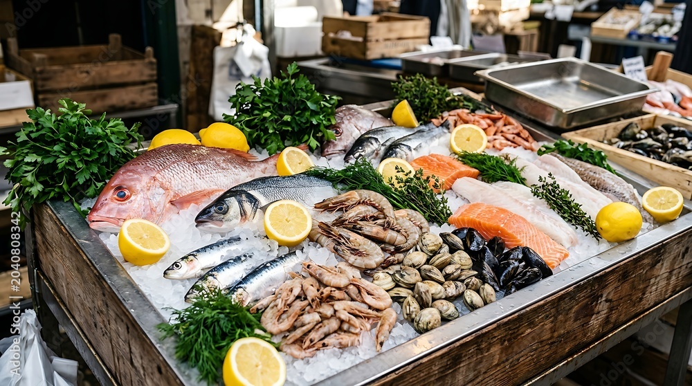 Obraz premium Fresh seafood on ice display.
