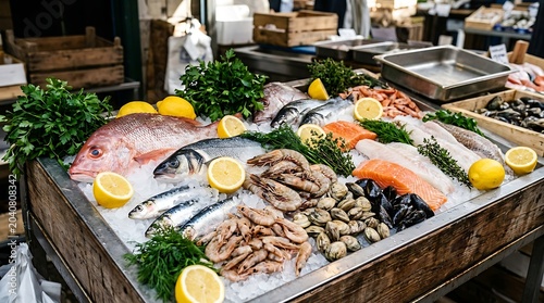 Fresh seafood on ice display.