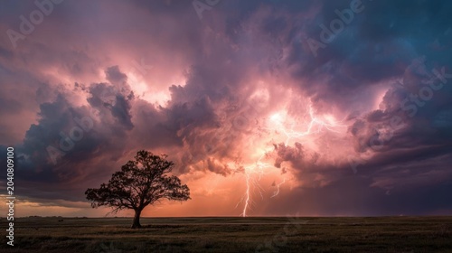 Dramatic Lightning Strike Illuminates a Lone Tree Under a Stormy Sky at Sunset.