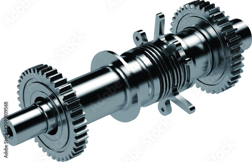 Industrial steel gear shaft assembly with polished chrome finish showing mechanical transmission components and precision engine.