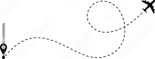 Obraz na plátně Airplane flight path route vector element with aircraft silhouette dashed line l