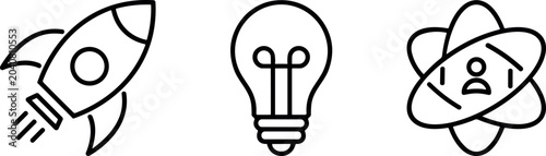 Business startup project vector icons set representing rocket launch creative idea lightbulb core human values network elements