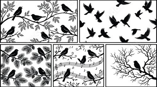 Black bird silhouette vector panels set featuring singing songbirds flying flocks music notes and tree branches