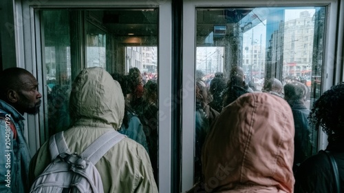 Crowded Train Station Entrance with Realistic Scene of Commuters During Daylight Hours
