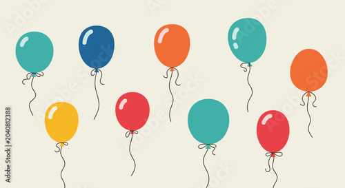 Colorful party balloons in blue orange red yellow and teal floating against a plain light beige background for celebrations.