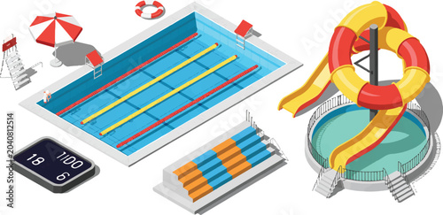 Schilderij op canvas Aquatic swimming pool center featuring competition lanes ladder slide umbrella lifeguard chair bleacher seating score monitor