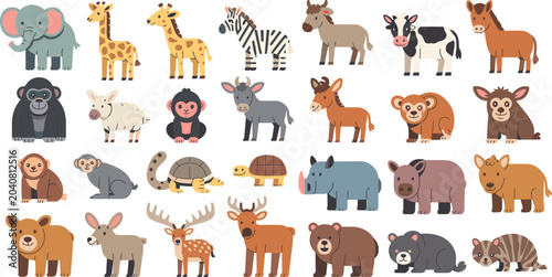 Photography Large Collection of Cute Cartoon Wild and Domestic Animals Vector Illustration S