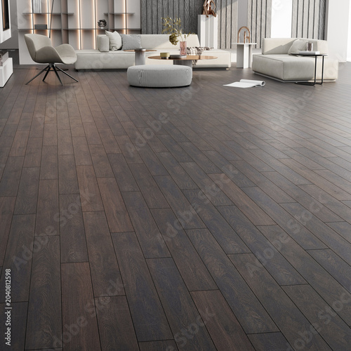 Opposite angle 3D render of a spacious modern living room layout. Elegant minimalist sofas resting on a dark brown hardwood flooring under smooth interior lighting.