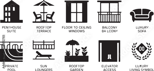 Foto Collection of apartment amenity icons penthouse suite rooftop terrace floor ceiling windows balcony luxury sofa private pool sun loungers garden elevator access living symbol