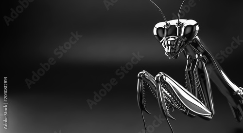 A highly detailed macro shot of a praying mantis in metallic silver, showcasing its intricate anatomy and texture against a smooth, dark background.