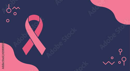 Pink ribbon icon representing breast cancer awareness on a dark blue background with abstract wavy pink shapes and dots.