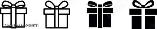 Gift box present bow ribbon vector icons set with outline line and solid glyph style package elements design