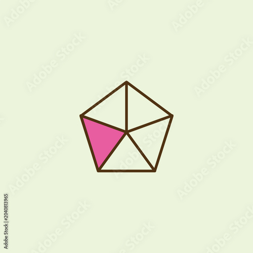 Minimalist flat cartoon pentagon icon divided into five triangular segments with one section shaded pink to represent a mathematical 1/5 fraction. Perfect for student school math textbooks.