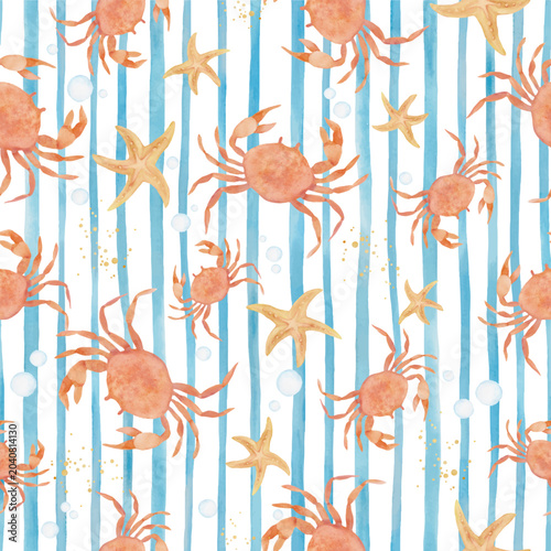 Watercolor Cute Crab and Starfish Seamless Pattern, Nautical Blue Striped Background with Coral Crabs and Sea Life for Kids Fabric and Wallpaper. Vector EPS.