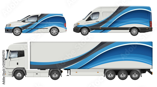 Vector vehicle branding mockup set. Car, van, and semi trailer truck with blue and grey abstract corporate identity wrap design template. Transport fleet livery side view