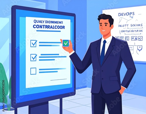 Business professional presenting quality control checklist.