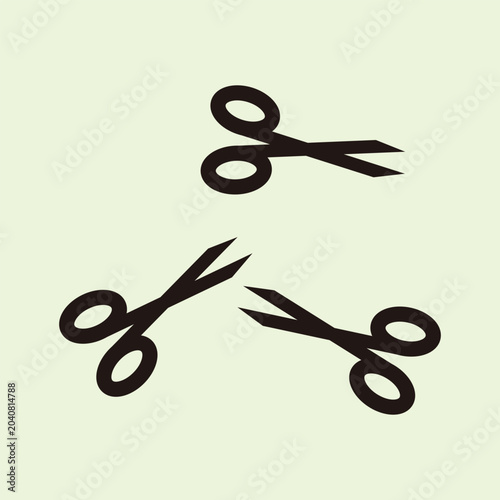 Collection of flat black scissors icons in various angles and positions representing cutting tool or craft equipment. Perfect for kids activity sheets, tailoring flyers, and office stationery layouts.