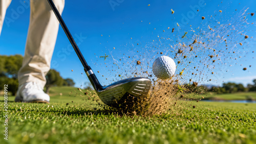 Golf club hitting a white ball on a green grass field with dirt flying during a sunny day at a golf course outdoor