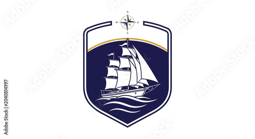 Sailing Ship Emblem, Nautical Crest with Compass Rose and Waves