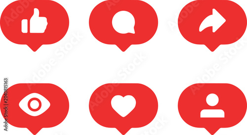 Social media notification vector icons set with red speech bubbles like comment share view love follower elements