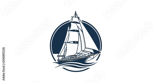 Vintage sailboat silhouette inside a circle on white background