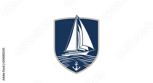 Nautical Emblem: Sailboat with Anchor on Blue Shield, Maritime Logo