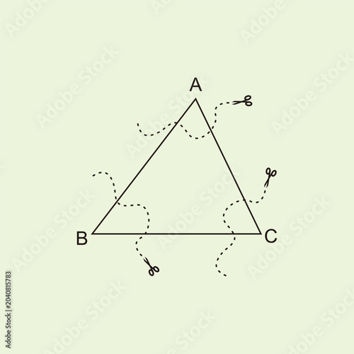 Minimalist flat cartoon geometry diagram featuring a triangle with vertices ABC and dashed cutting lines with scissors. Perfect for educational math puzzle books, brain teasers, and school textbooks.