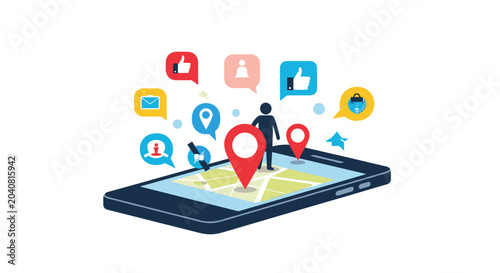 Mobile application for social networking and navigation showing map pins and communication icons emerging from a smartphone screen.