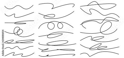 Hand drawn squiggle wavy lines set, swishes, swoops, scribbles, swashes, curvy strokes, doodle sketchy dividers. Vector design elements.