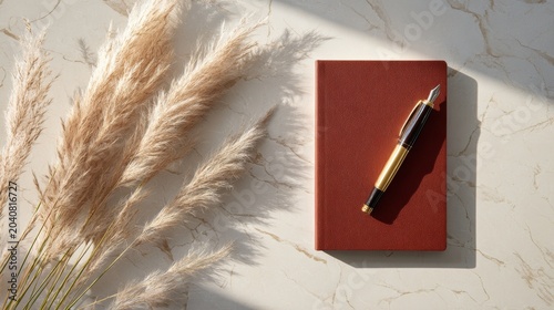 A burgundy journal with a gold pen lies beside feathery plumes. Natural light casts shadows on the marble surface