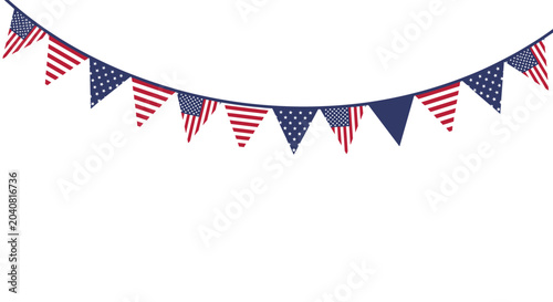 Patriotic bunting flags featuring the stars and stripes design of the United States of America flag hanging on a string.