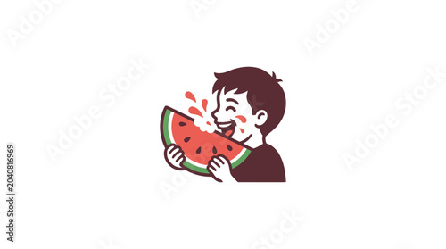 Fotografie Joyful boy eating slice of watermelon, spitting seeds, summer fun, isolated on w