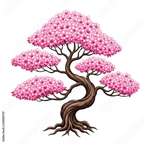 Pink flowering cherry blossom tree with white flowers