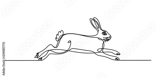 Foto Continuous line drawing of a rabbit hopping quickly on a simple line