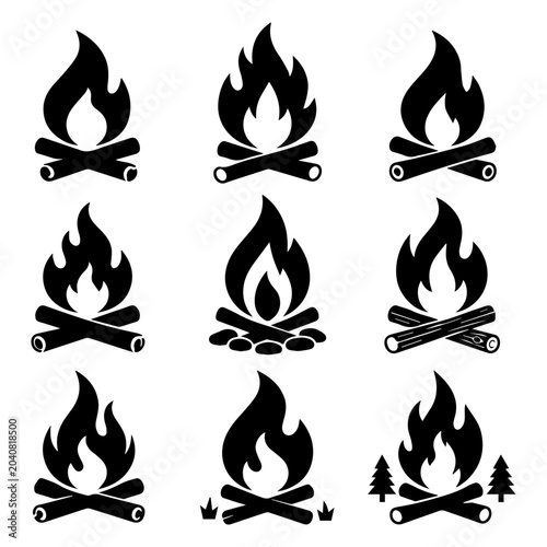 Minimalist campfire icons and bonfire silhouettes for camping design